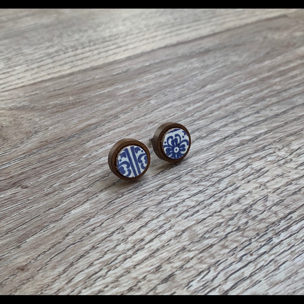 Wooden Moroccan Tile Stud Earrings